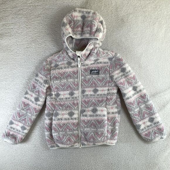 Eddie Bauer Fleece Hoodie Jacket Girls Small 8 Zip Small Aztec Print White Pink - Picture 1 of 16